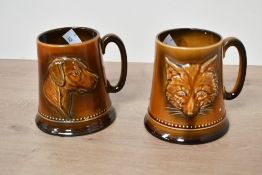 Two vintage Sylvac Pottery tankard mugs,to include Fox (2376) and Dog (2375) portrait relief