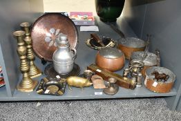 A large selection of 20th-century metal ware, to feature a brass decorative pig; three copper