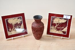 Two small late 20th-century Oriental-style cork dioramas, featuring nautical landscapes, both framed