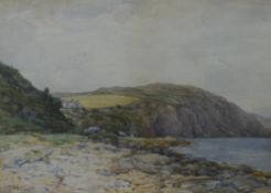 Alexander Kellock Brown RSA (Scottish 1849-1922) Watercolour, a rocky coastal scene with distant