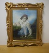 A 19th Century watercolour, a portrait of a young girl depicted seated on grass with a white rabbit,