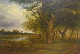 A 19th Century English School oil on canvas, river scene depicting workman at rest, unsigned or