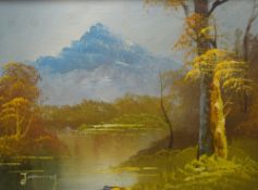 Jimmy (20th Century) Oil on canvas, a mountainous river scene, signed lower left, within canvas slip