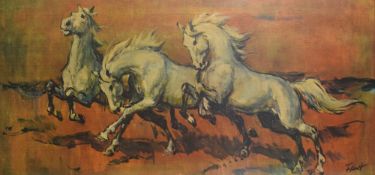 A 20th Century print on board, depicting three galloping white horses, facsimile signature lower