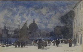 Sir Alfred East (British 1844 - 1913) Watercolour 'The Quayside', a city river scene with figures,