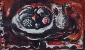 After Anne Redpath (Scottish 1895 - 1965) Lithograph, a still life study of a bowl of fruit with jug