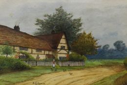 A.E.Gibson (Early 20th Century) Watercolour, a farm house with a woman feeding chickens, signed