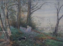 Peter Worswick (British b.1960) Pastel 'Sunday Bluebells', woodland scene with a young girl and