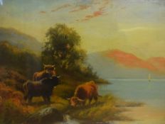 A 19th/20th Century oil on board landscape, depicting Highland Cows beside a loch at sunset,