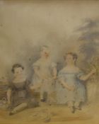 A 19th Century English School watercolour, a portrait of three young sisters, unsigned or