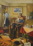 Fred Wilde (British 1910-1986) Oil on canvas 'Paternity', a home interior scene depicting a father