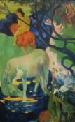After Paul Gauguin (French 1848 - 1903) Oil on canvas, a surreal study of a horse watering alongside