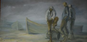 Rose West (20th Century) Oil on board, a study of a group of fishermen in conversation, signed and