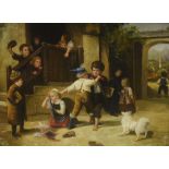 A 19th Century oil on board, a European street scene with a group of school children engaged in a