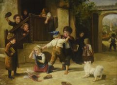 A 19th Century oil on board, a European street scene with a group of school children engaged in a