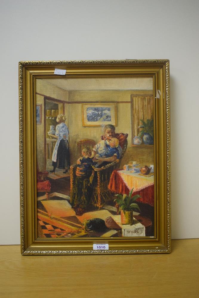 Fred Wilde (British 1910-1986) Oil on canvas 'Paternity', a home interior scene depicting a father - Image 2 of 6