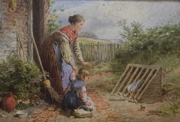 After Myles Birket Foster R.W.S (British 1825-1899) Aquatint 'The Hen Coop', a mother and child