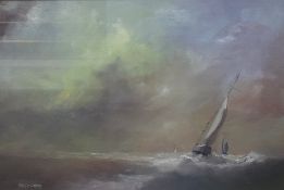 William A. Evans (British Contemporary) Oil on board 'Coming About' a study of sailboats on rough