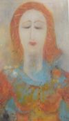 A contemporary mixed media abstract portrait of a woman, signed indistinctly lower right,