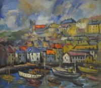 James Lawrence Isherwood (British 1917 - 1989) Oil on board 'Brixham Devon' a vibrant study of the