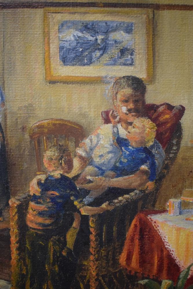 Fred Wilde (British 1910-1986) Oil on canvas 'Paternity', a home interior scene depicting a father - Image 3 of 6