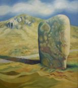 Barbara Jean Davies (Contemporary) Oil on canvas 'Maen-Pendu, Large Standing stone, Tal-y-fan,