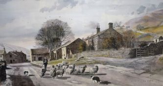 After Alan Ingham (British 1932-2002) Lithograph, a shepherd droving his flock through a small