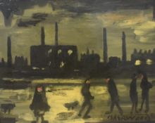 James Lawrence Isherwood (British 1917 - 1989) Oil on board, a factory lined street at night with