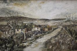 A 20th Century impressionistic oil on board, depicting upland farm buildings in winter, signed