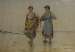 Madeline Hughes (British 1814-1907) Watercolour, a pair of fishergirls at low tide, signed lower