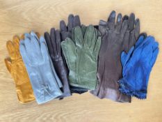Twelve pairs of ladies vintage leather gloves, featuring mustard, royal blue, duck egg blue examples