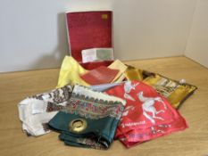 Assorted vintage silk and other neck scarves and a brass Snip Patented scarf loop, to include