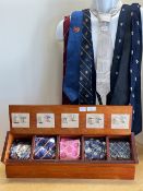 Vintage Garoque tie display case containing five unworn silk ties and five pairs of cufflinks in