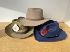 Three 20th century fedora hats with local interest, a Corero green khaki felt hat with brown trim,