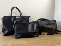 Three y2k vintage black leather handbags to include DKNY baguette shoulder bag, Calvin Klein off-