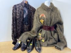 Vintage 1980s garments to include handmade Mohair cardigan in fluffy brown textured yarn with all