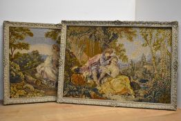 Two antique French woolwork tapestries in the style of the Romantic period, depicting couples in