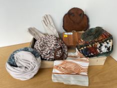 Assorted vintage accessories and hats to include cloche style, feathered, ribbon woven, turban,