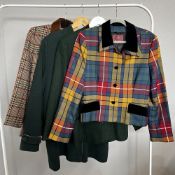 Four vintage coats to include Mulberry 100% wool plaid jacket with velvet contrast collar, size