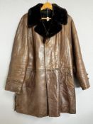 A vintage Made in England half length leather coat with contrast fur collar, exterior leather a