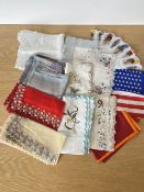 Assorted vintage handkerchiefs to include silk and cotton, embroidered, American Flag design,
