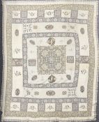 Three rare antique sepia tone bedspreads or tablecloths, showcasing a patchwork of exemplary and