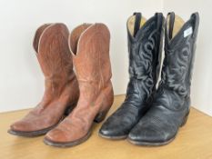 Two pairs of circa 1970s vintage cowboy boots, a tan leather pair with foliate stitchwork