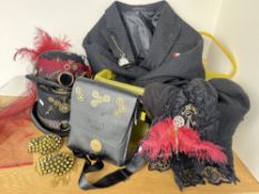 Two sets of 'his and hers' steampunk costumes comprising a top hat, formal jacket and studded