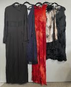 Five y2k era garments including Emporio Armani column shift dress in sheer black crepe silk with