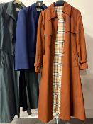 Three vintage trench coats and two jackets, to include grey with fur trim Dannimac, rust coloured