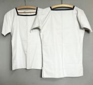 Two white cotton sailors smock tunic tops having square boat neck with a denim blue contrast trim,
