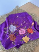 An antique Souvenir from France pleated floral applique design with foliate embroidery on a purple