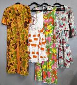 Five retro vintage dresses circa 1960-1980s, comprising a Blaines empire line column dress in