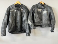 Two vintage biker jackets in black textured leather, his and hers comprising a women's' Triumph